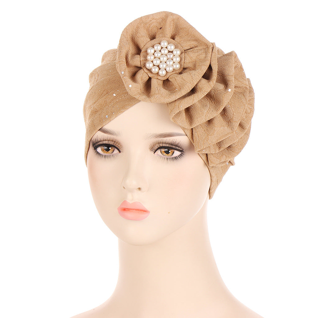 Flower Sprinkled Gold Creased Long Strip Single Side Decal Turban Hat