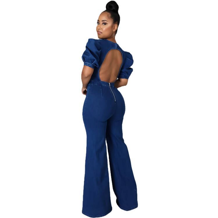 Women's Puff Sleeves Cutout Zip Crew Neck