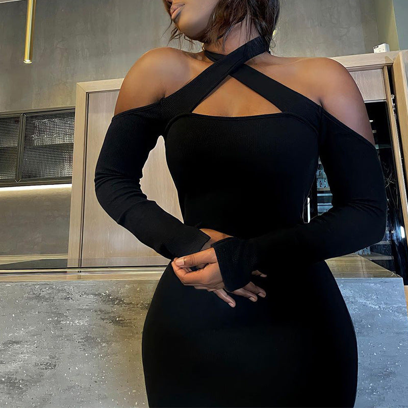 Women Clothing Off-shoulder Halter Long Thin Sunken Stripe Pencil Skirt