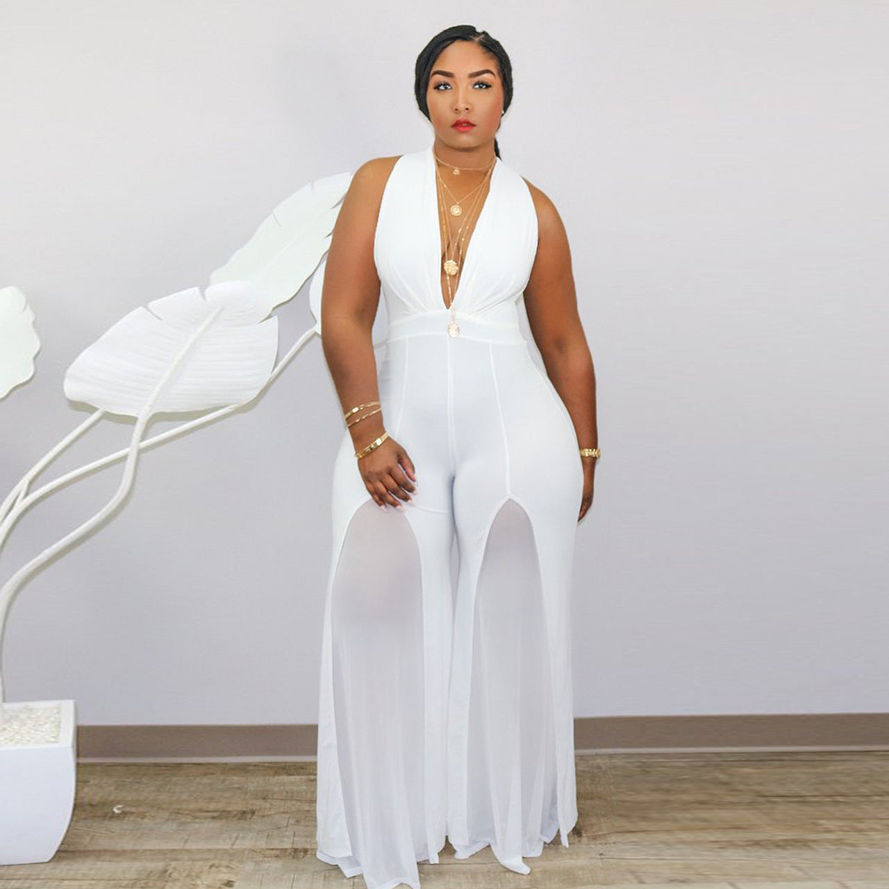 Topless Solid Color Chiffon Women Jumpsuit