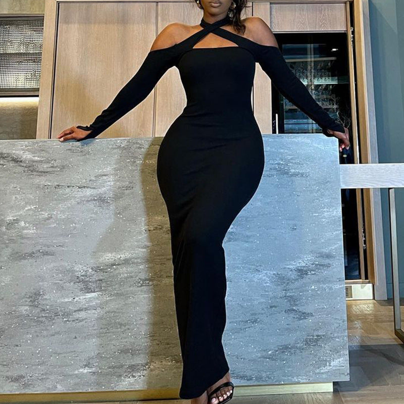 Women Clothing Off-shoulder Halter Long Thin Sunken Stripe Pencil Skirt