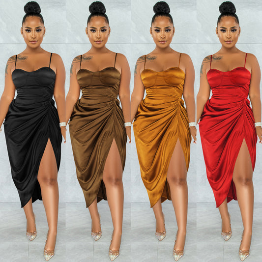 Solid Color Women's Sling Wrap Chest Ruched Slit Dress