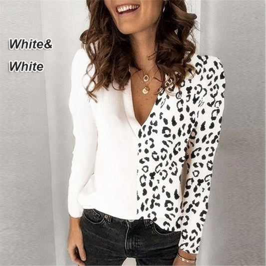 Leopard Print v-Neck Long-Sleeved T-Shirt Top And Chiffon Shirt