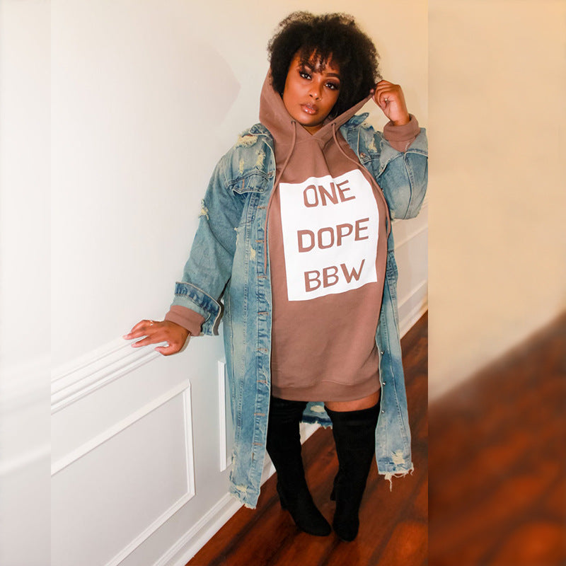 Women Letter Print Hoodie Loose Mini Dress Sweat Suits