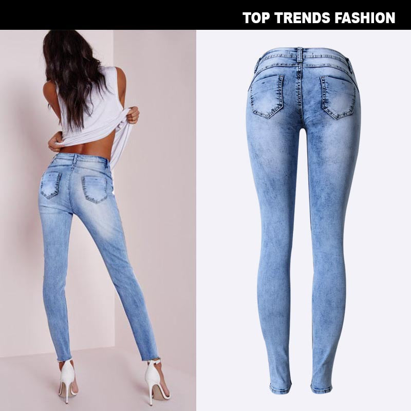Low Waist Sky Blue Patchwork Skinny Tights Pencil Jeans High Stretch Denim