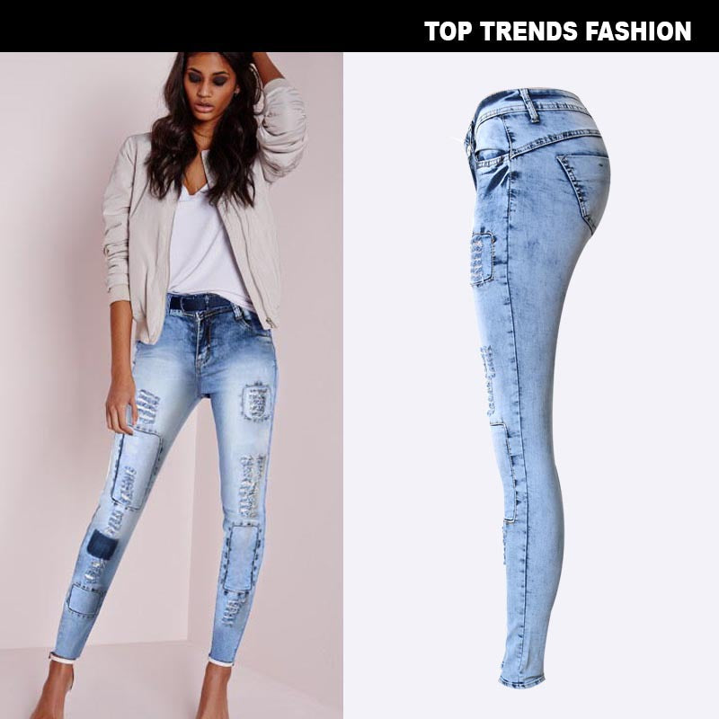 Low Waist Sky Blue Patchwork Skinny Tights Pencil Jeans High Stretch Denim