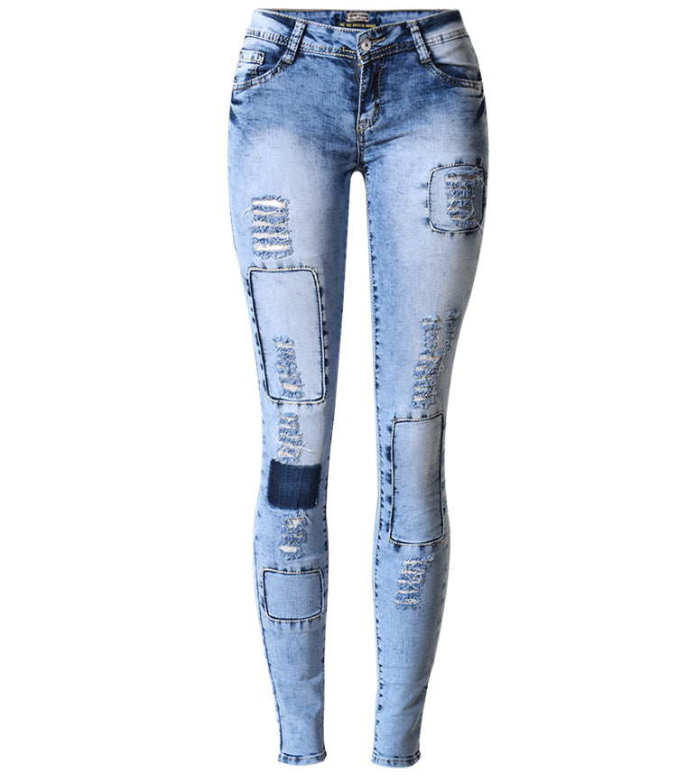 Low Waist Sky Blue Patchwork Skinny Tights Pencil Jeans High Stretch Denim
