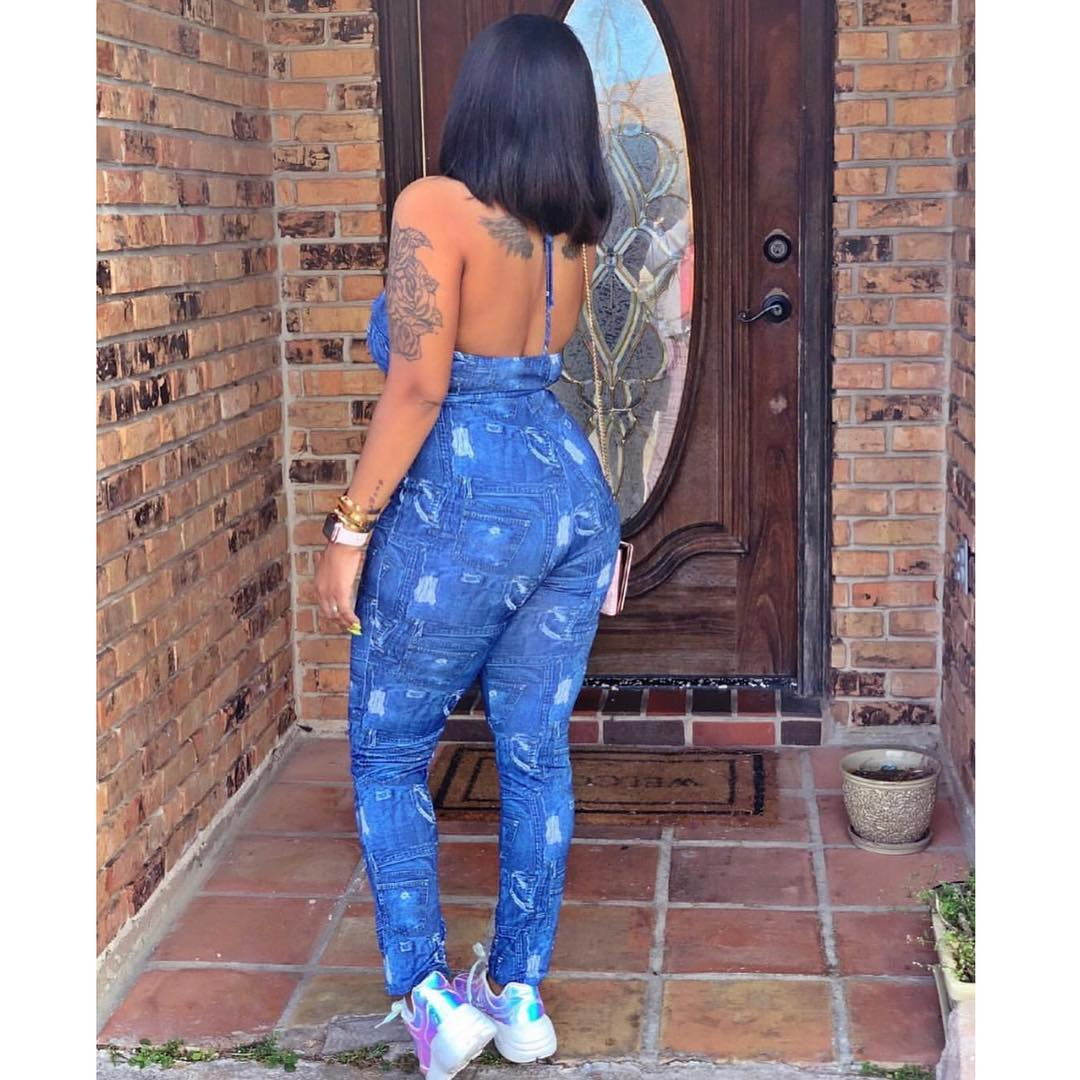 Sexy back denim print jumpsuit