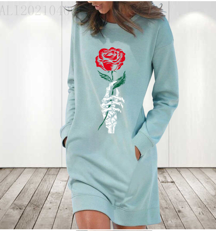 Loose Round Neck Drop Shoulder Long Sleeve Dress