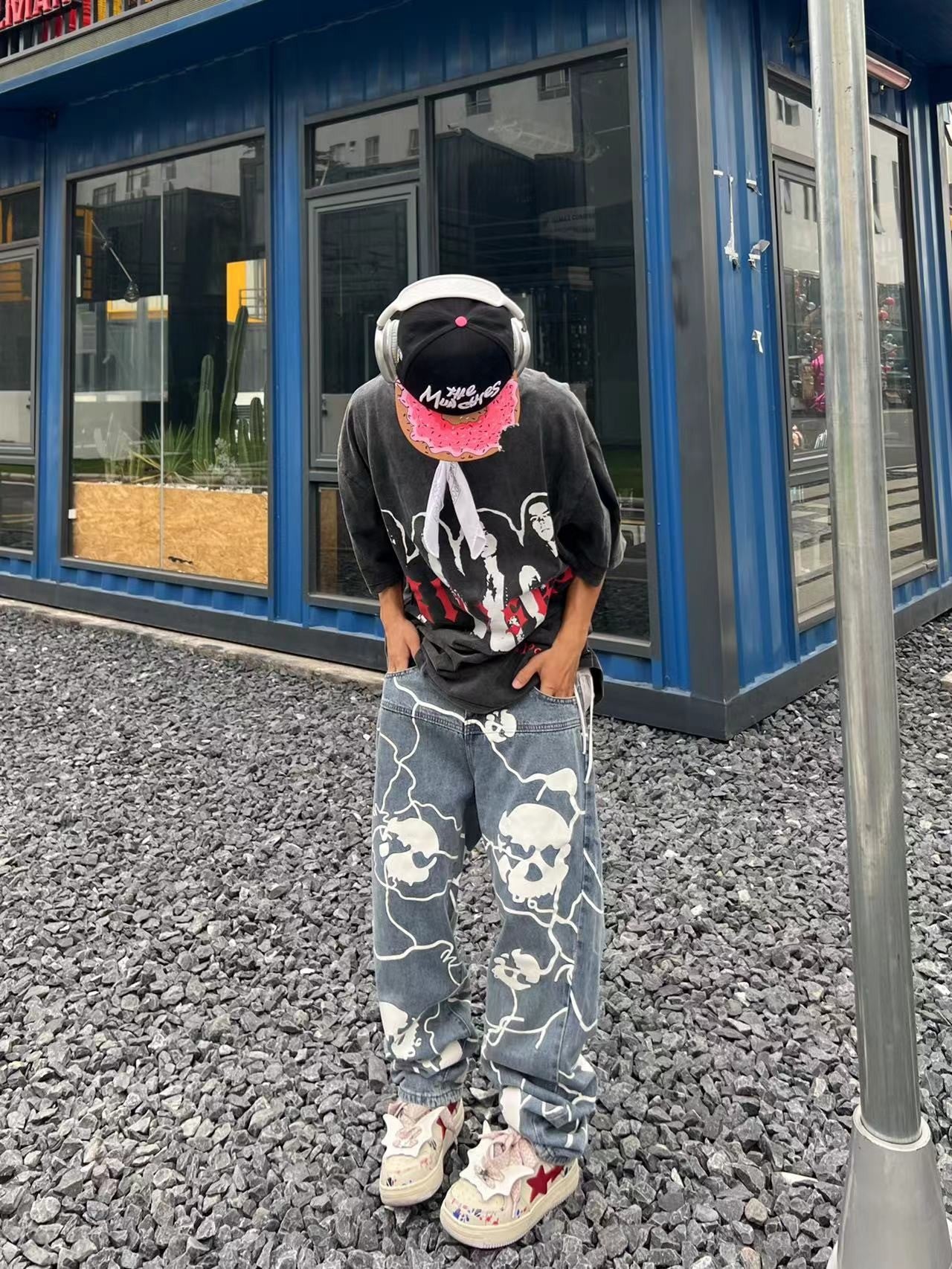 Printed Skull Dark High Street Design Straight-leg Pants