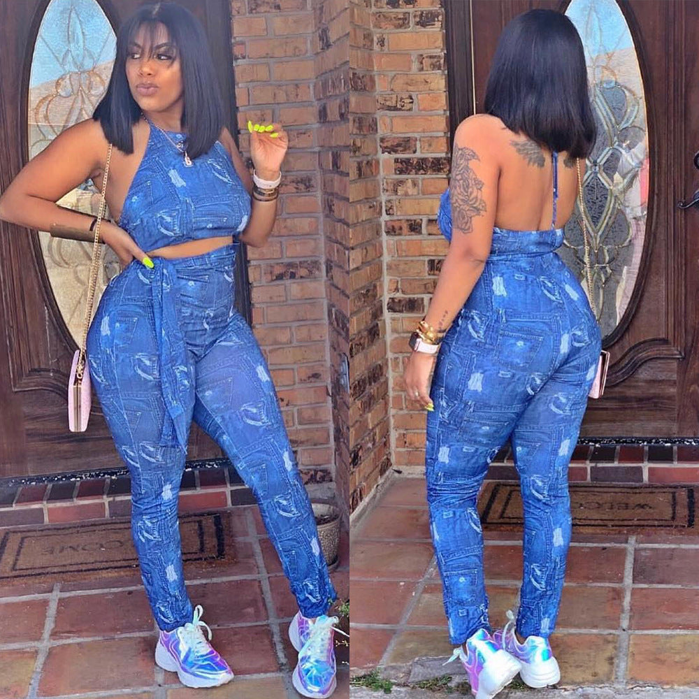 Sexy back denim print jumpsuit