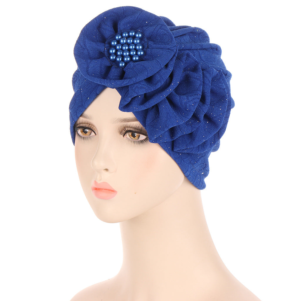 Flower Sprinkled Gold Creased Long Strip Single Side Decal Turban Hat