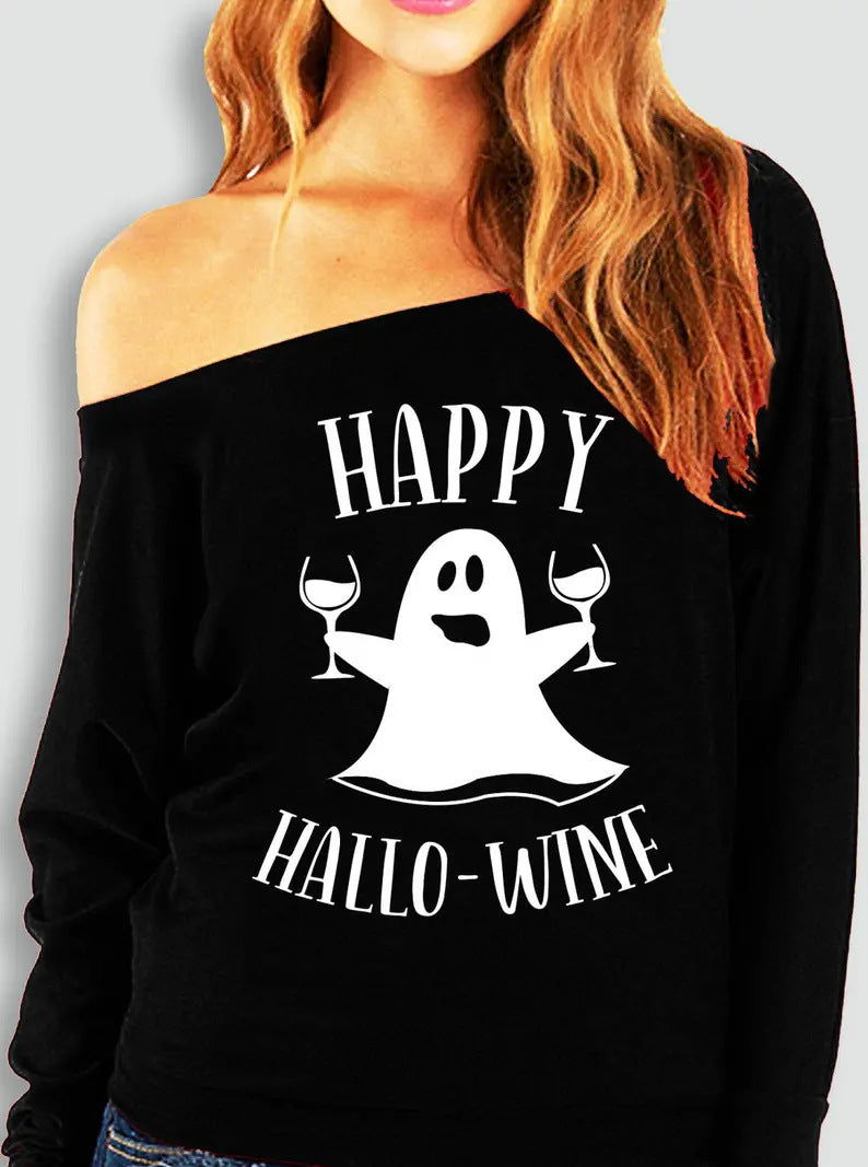 Halloween Printed Off-the-shoulder Off-neck European And American T-shirt