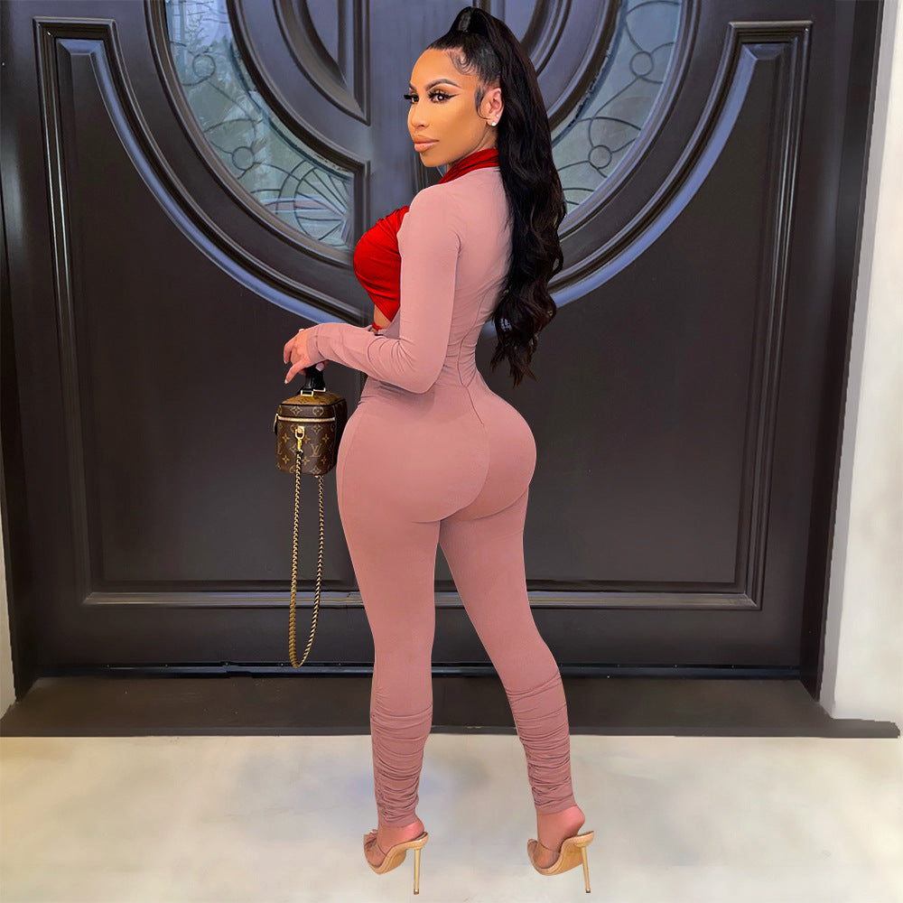 Hollow Color Matching Tie Long-Sleeved Jumpsuit