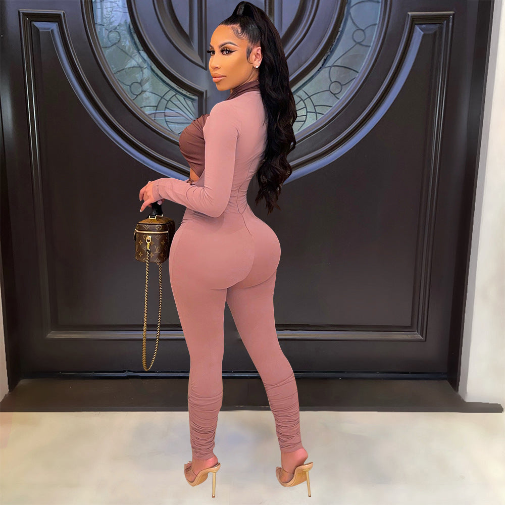 Hollow Color Matching Tie Long-Sleeved Jumpsuit