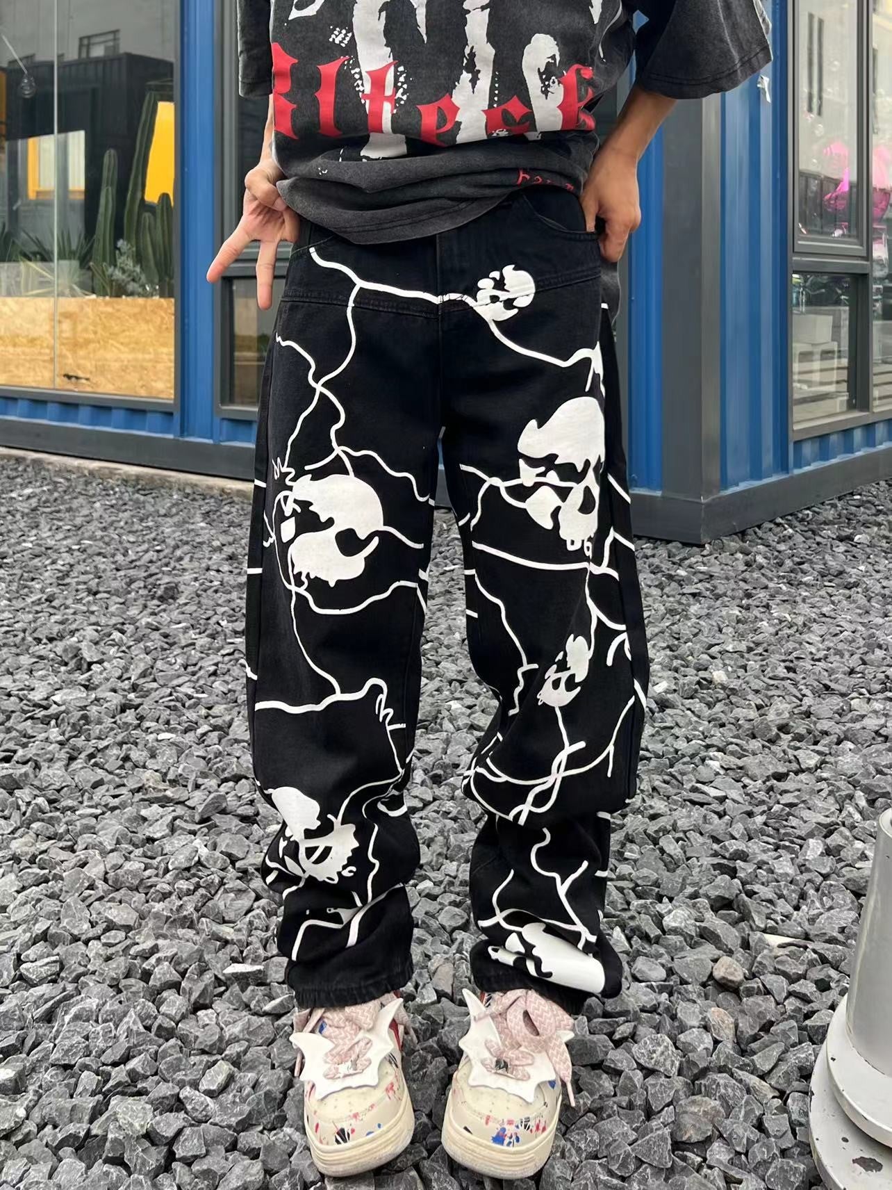 Printed Skull Dark High Street Design Straight-leg Pants