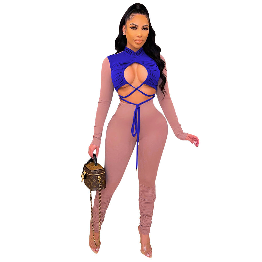 Hollow Color Matching Tie Long-Sleeved Jumpsuit