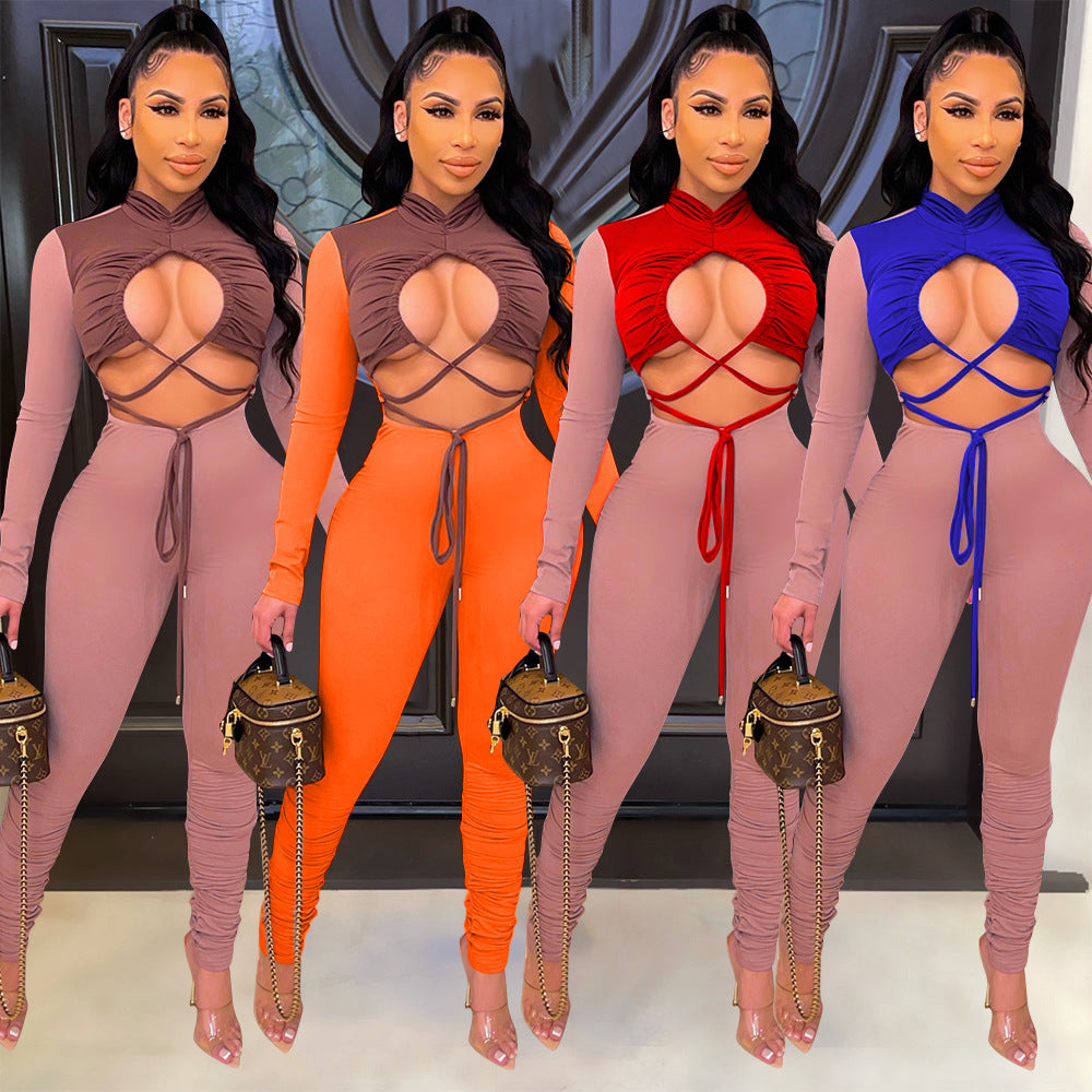 Hollow Color Matching Tie Long-Sleeved Jumpsuit