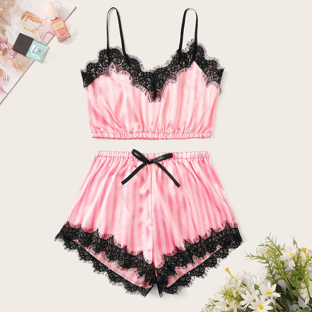 Satin Striped Lace Bra Set