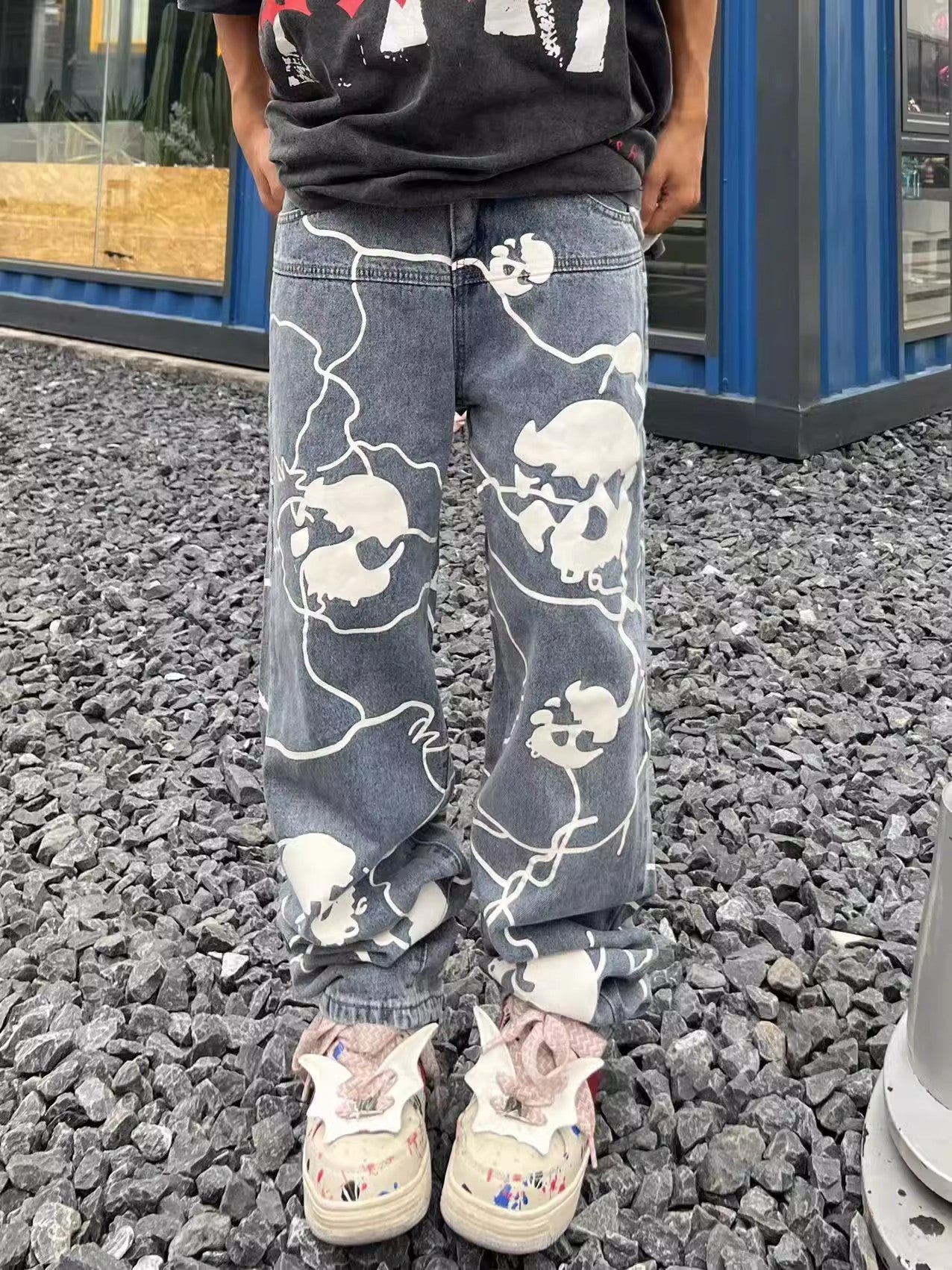 Printed Skull Dark High Street Design Straight-leg Pants