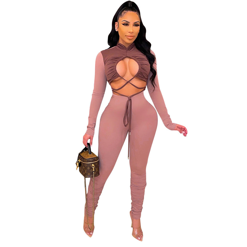 Hollow Color Matching Tie Long-Sleeved Jumpsuit
