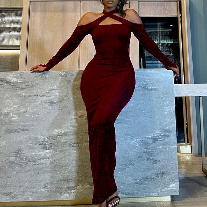 Women Clothing Off-shoulder Halter Long Thin Sunken Stripe Pencil Skirt