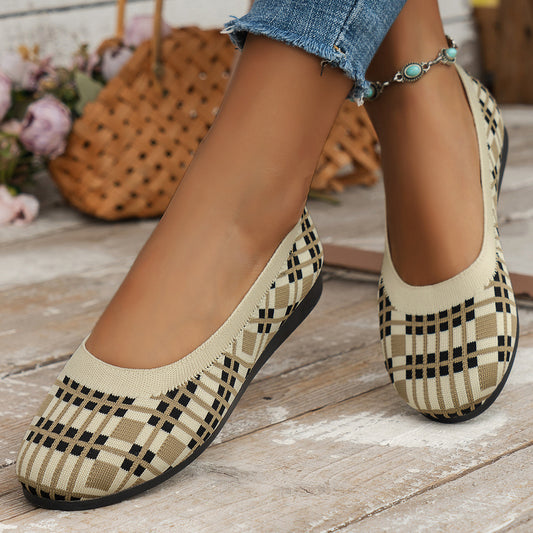 Plaid Print Casual Breathable Slip On Round-toe Mesh Shoes