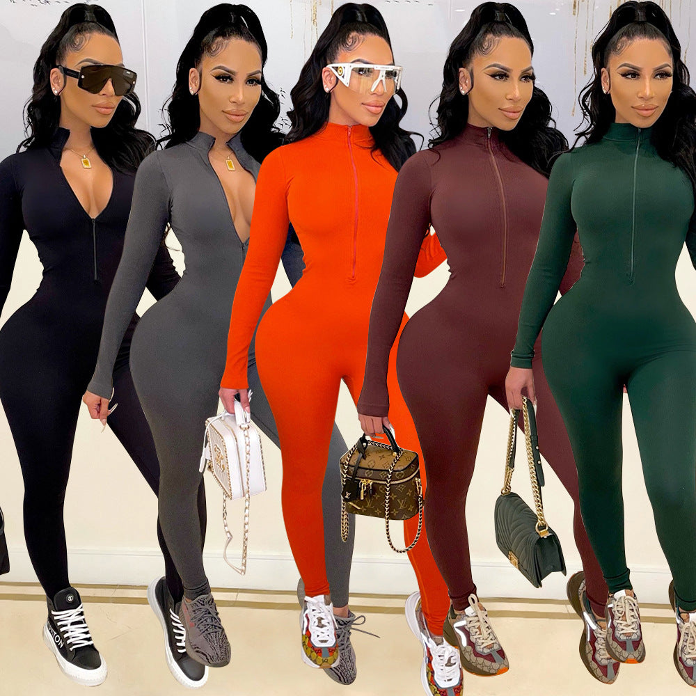 Sports And Leisure Tight-Fitting Long-Sleeved Women Jumpsuit