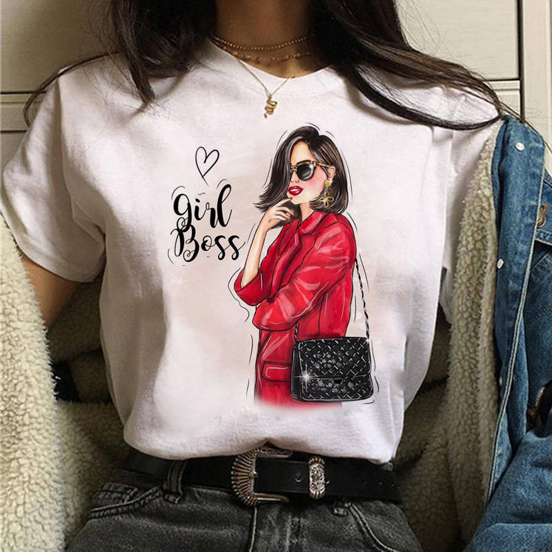 Fashion Girl Print Ladies Short Sleeve Loose T-shirt