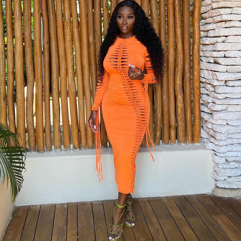 Women's Fashion Cutout Round Neck Slim Fit Long Sleeve Dress