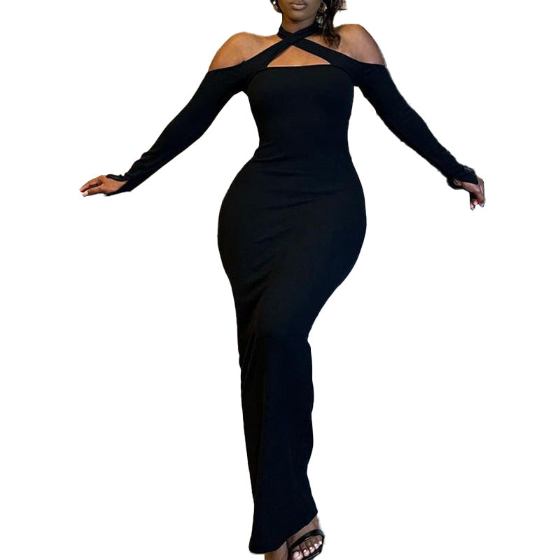 Women Clothing Off-shoulder Halter Long Thin Sunken Stripe Pencil Skirt