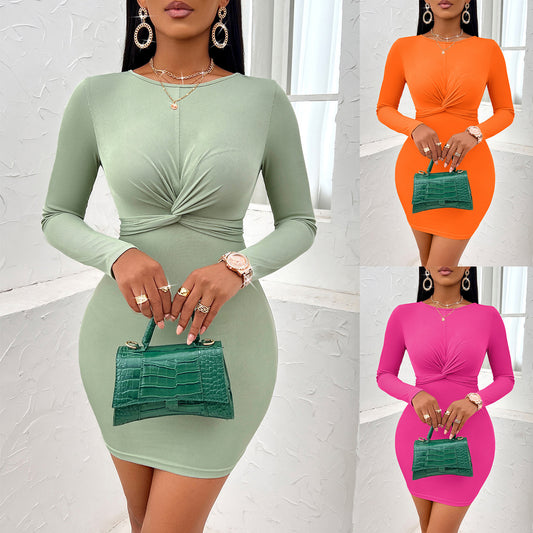 Casual Solid Color Round Neck Twist Long Sleeve Dress