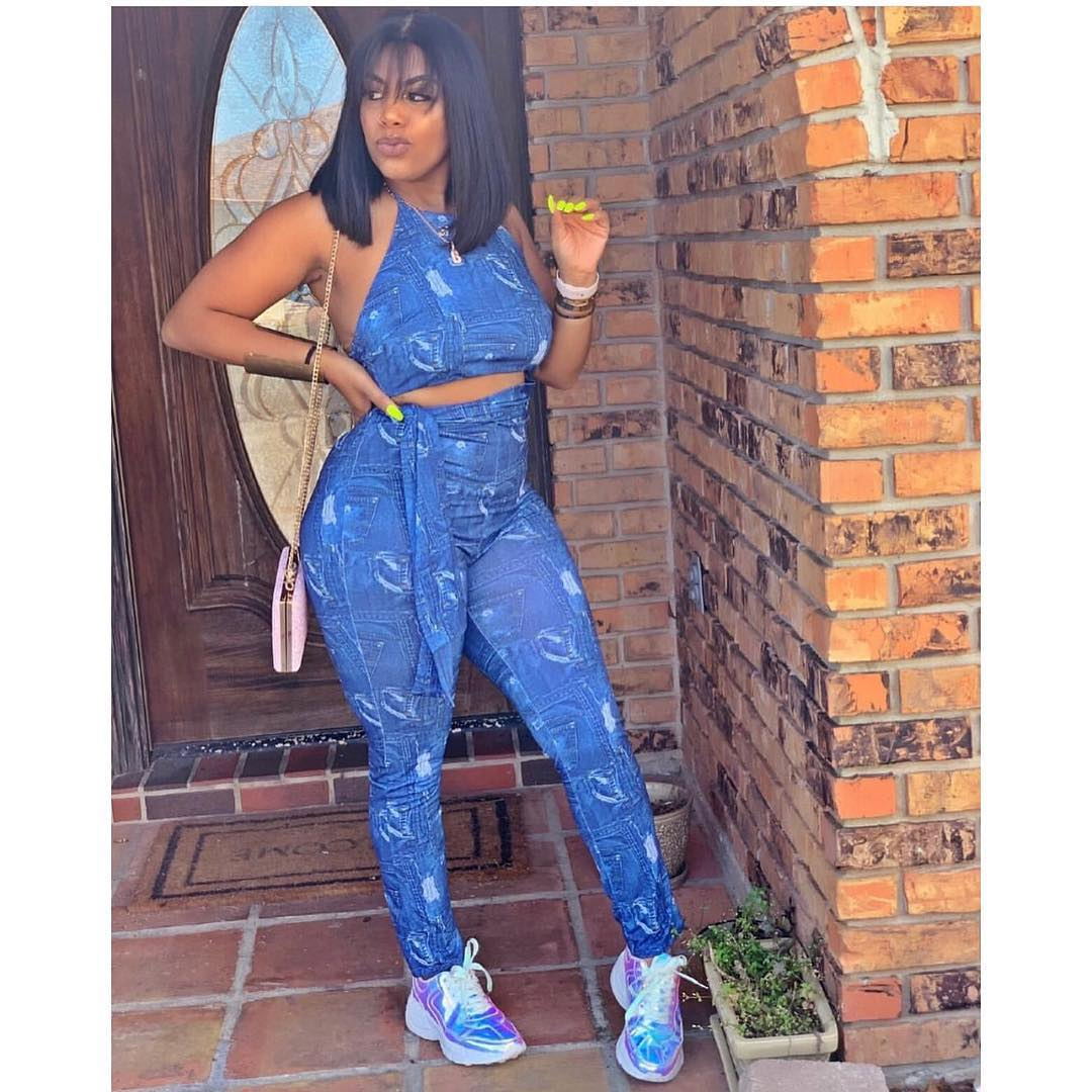 Sexy back denim print jumpsuit