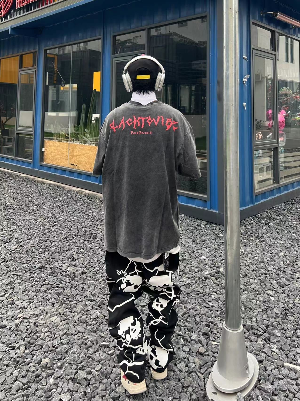 Printed Skull Dark High Street Design Straight-leg Pants