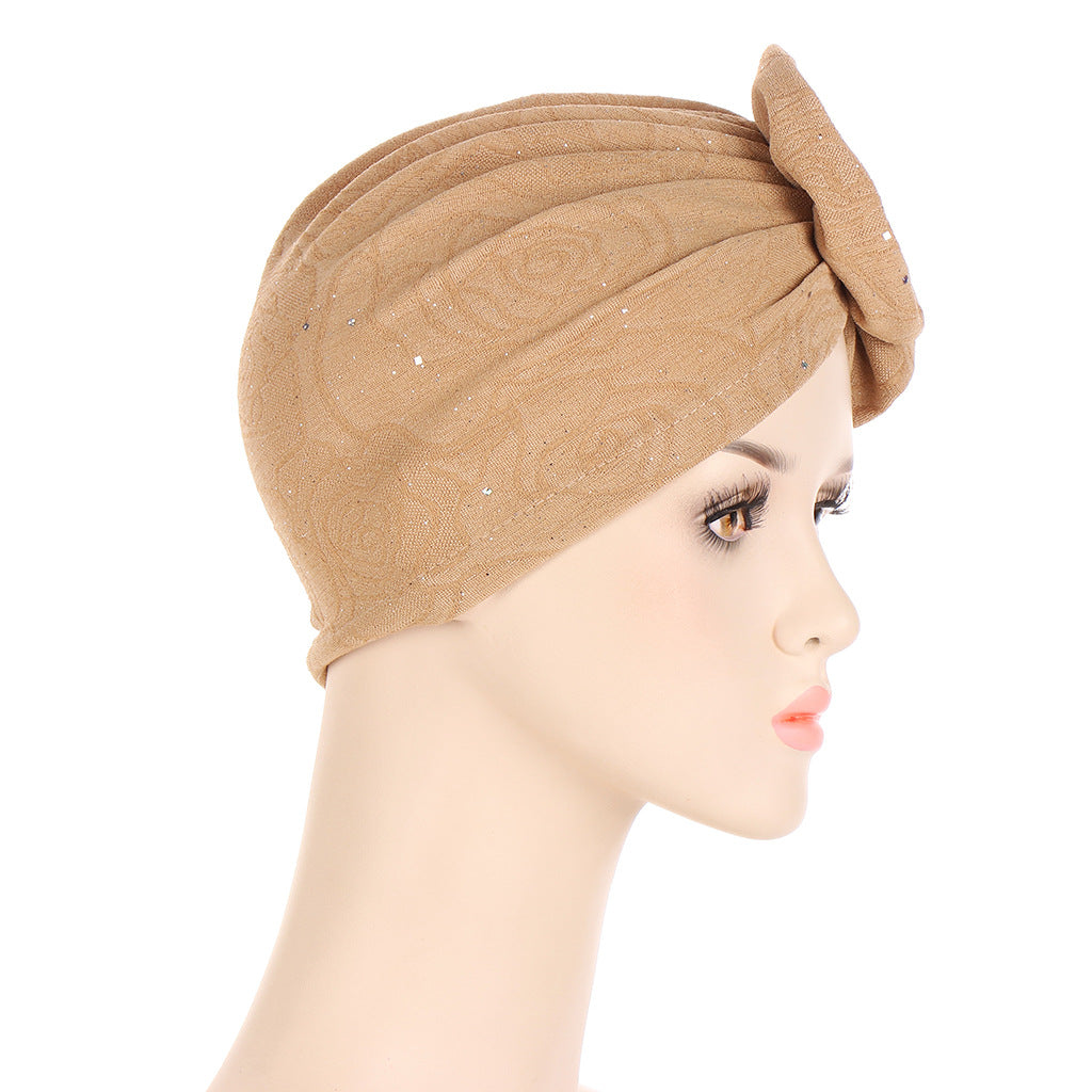 Flower Sprinkled Gold Creased Long Strip Single Side Decal Turban Hat