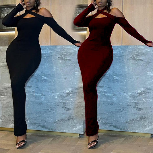 Women Clothing Off-shoulder Halter Long Thin Sunken Stripe Pencil Skirt