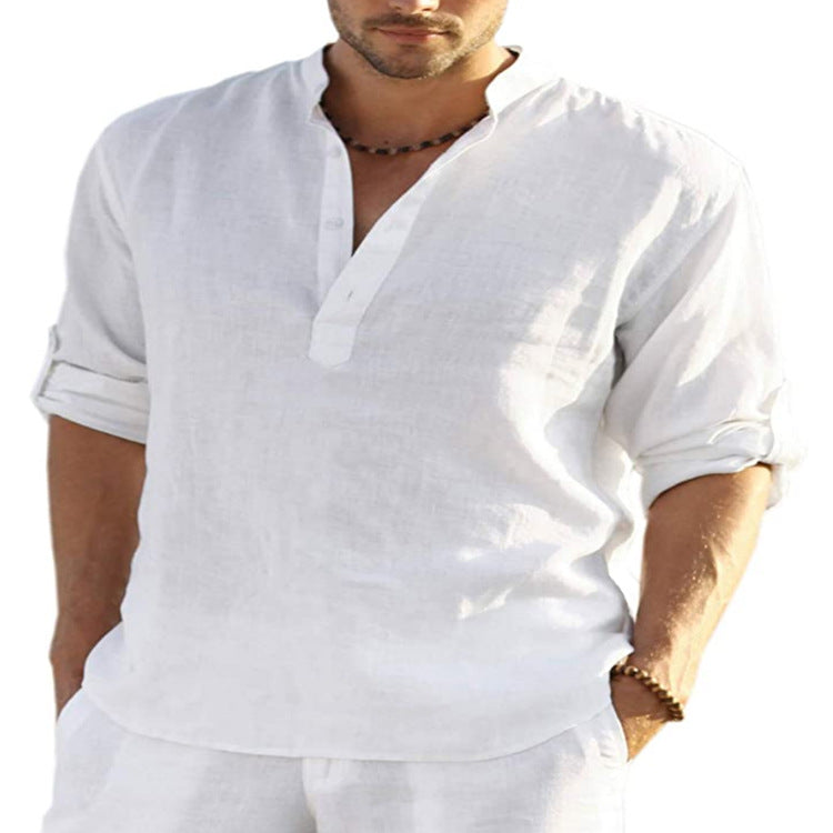 Cotton Linen Solid Color Long Sleeve Shirt Loose Stand Collar