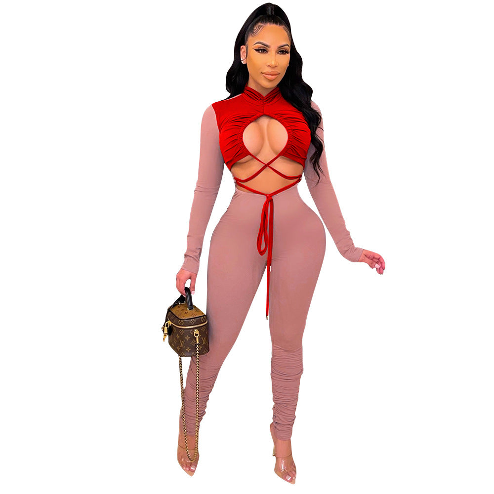 Hollow Color Matching Tie Long-Sleeved Jumpsuit