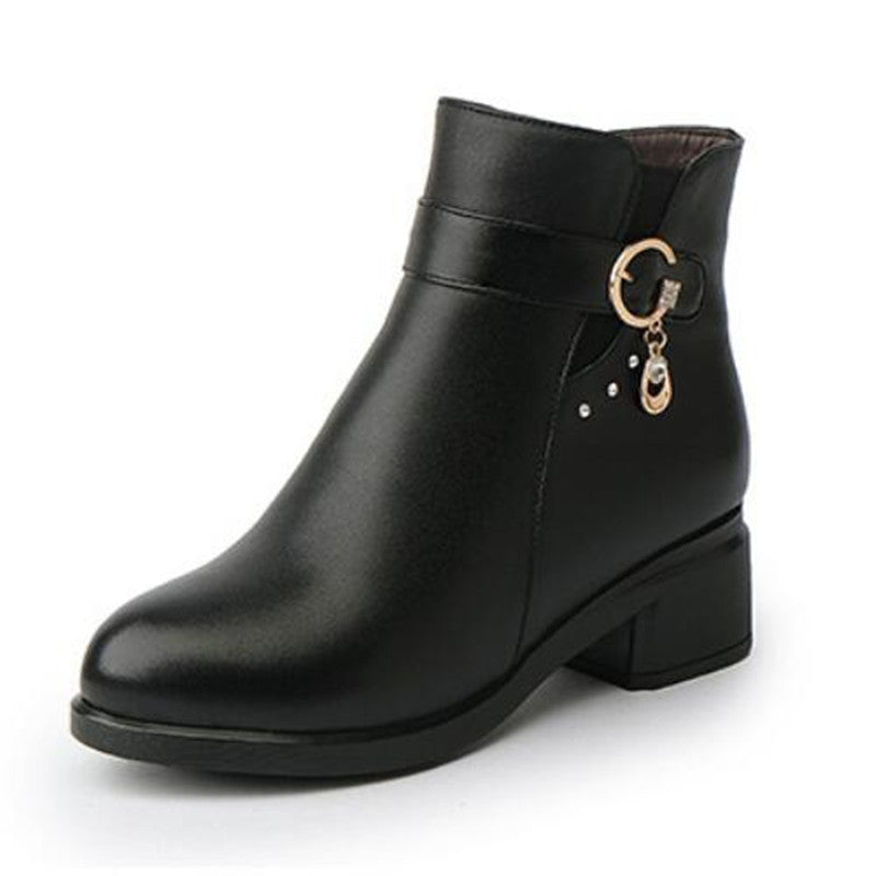 Leather short boots thick heel Plush wool cotton boots