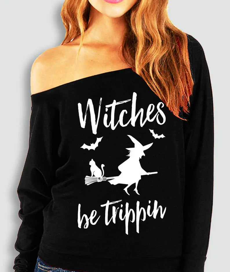 Halloween Printed Off-the-shoulder Off-neck European And American T-shirt
