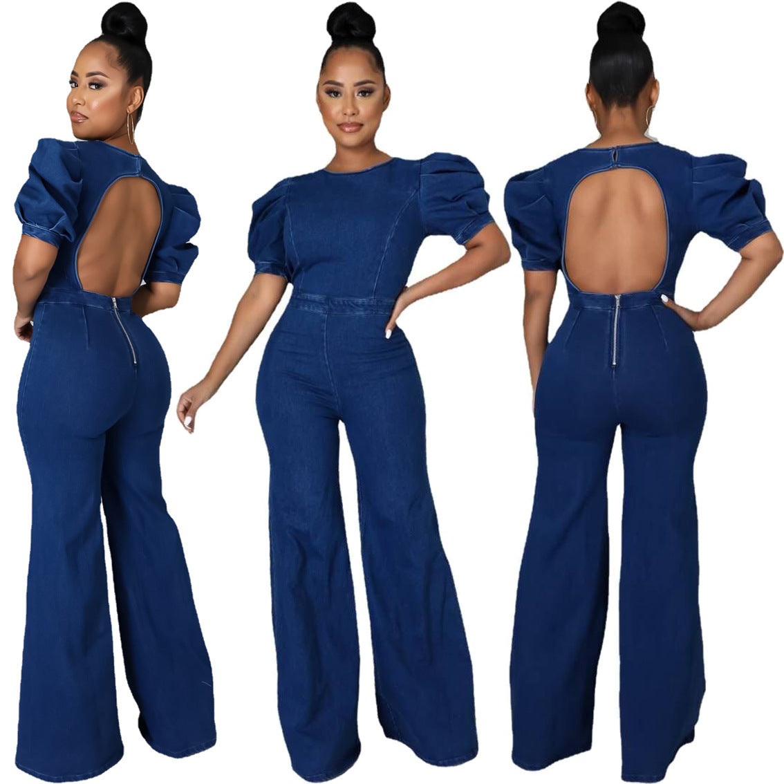 Women's Puff Sleeves Cutout Zip Crew Neck