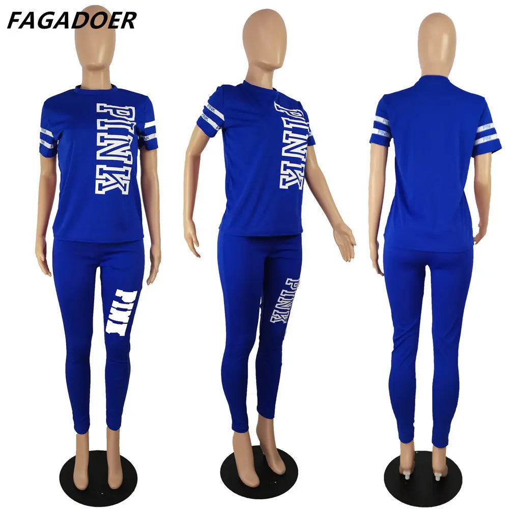 New Pink Letter Print Women Two Piece Set Casual Sport Tracksuit Short Sleeve Top + Jogger Sweatpant Suit Plus Size Outfits 3XL