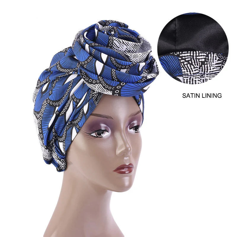 Women's Big Flower African Headwraps Satin Lining Africa Pattern