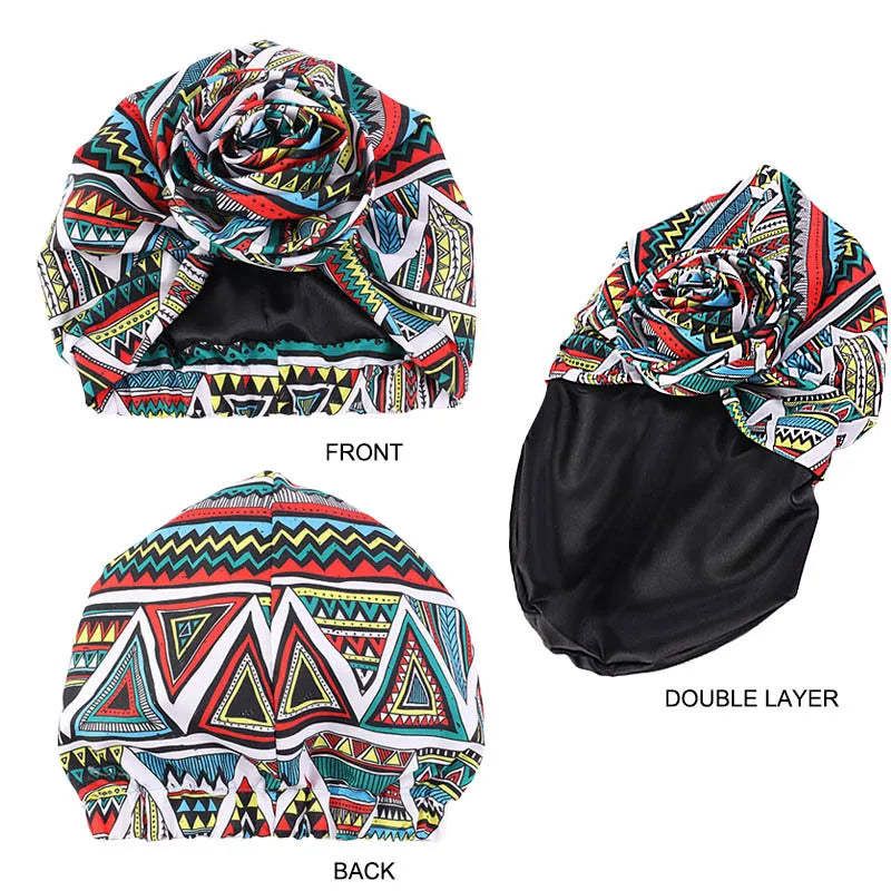 Women's Big Flower African Headwraps Satin Lining Africa Pattern