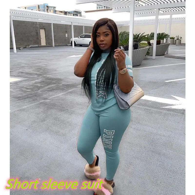 New Pink Letter Print Women Two Piece Set Casual Sport Tracksuit Short Sleeve Top + Jogger Sweatpant Suit Plus Size Outfits 3XL