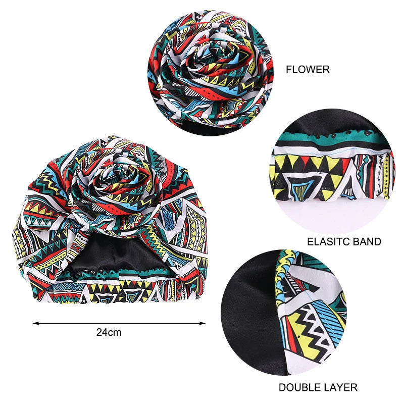 Women's Big Flower African Headwraps Satin Lining Africa Pattern