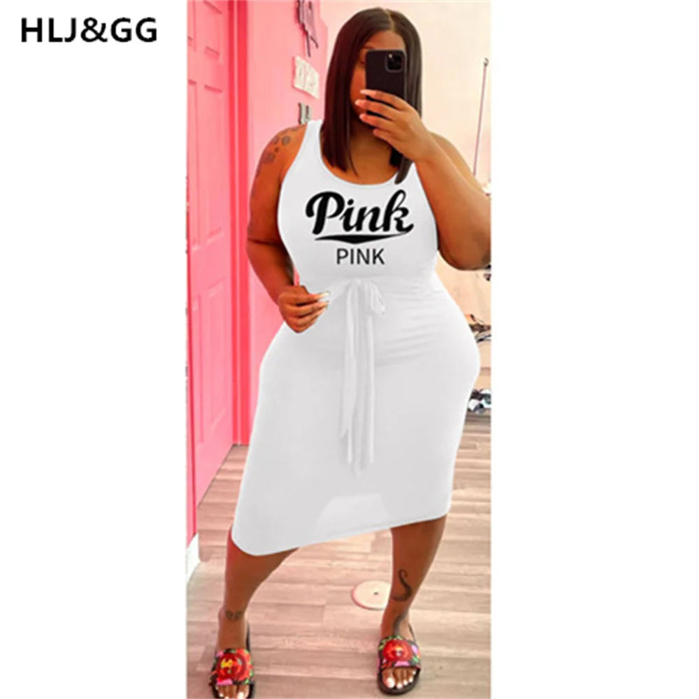 HLJ&GG Summer Solid Sexy Print Mini Dress Women Plus Size PINK Letter Drawstring Skinny Dresses Fashion Streetwear Vestidos 2022