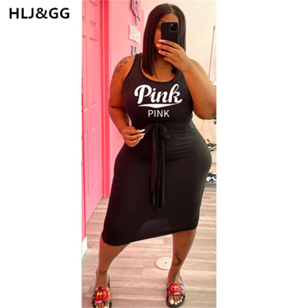 HLJ&GG Summer Solid Sexy Print Mini Dress Women Plus Size PINK Letter Drawstring Skinny Dresses Fashion Streetwear Vestidos 2022