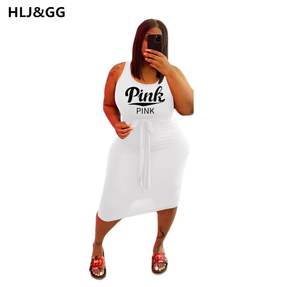 HLJ&GG Summer Solid Sexy Print Mini Dress Women Plus Size PINK Letter Drawstring Skinny Dresses Fashion Streetwear Vestidos 2022