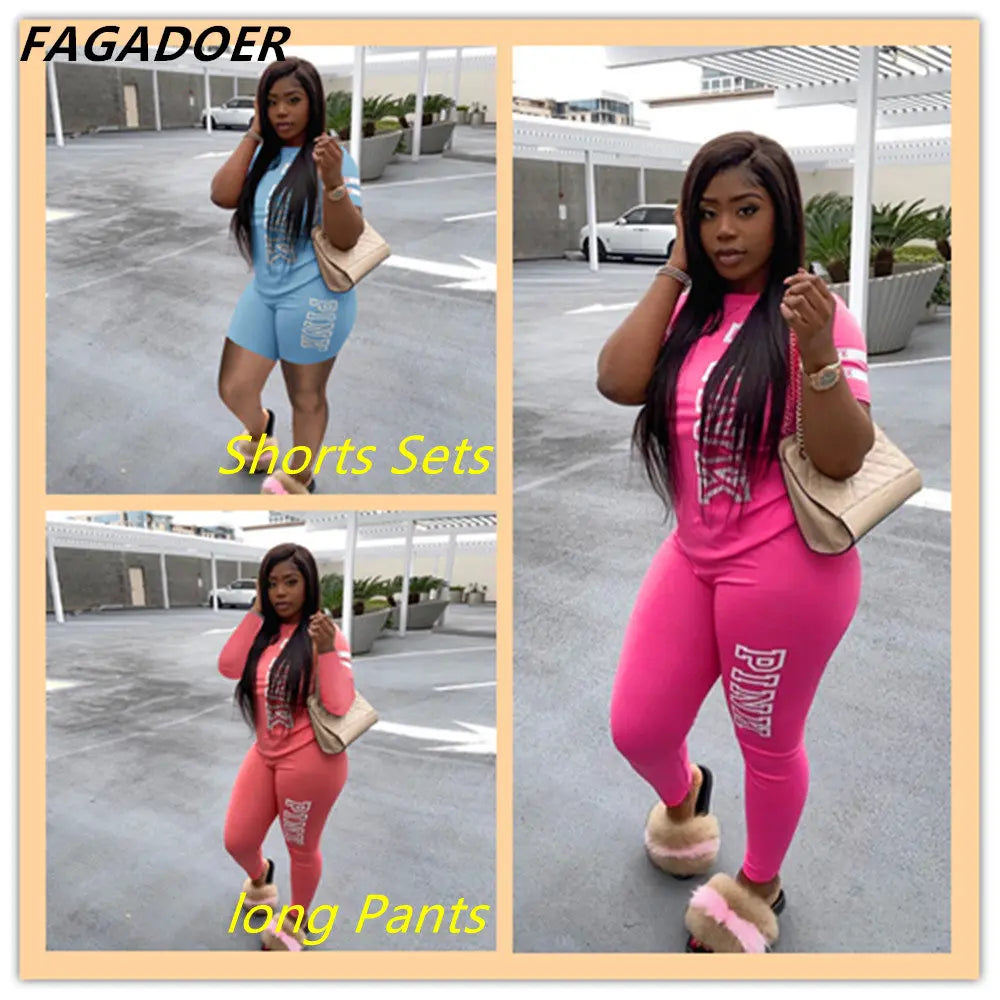 New Pink Letter Print Women Two Piece Set Casual Sport Tracksuit Short Sleeve Top + Jogger Sweatpant Suit Plus Size Outfits 3XL